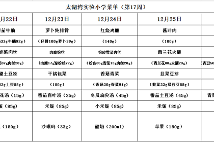 太湖湾实验小学第十七周菜单